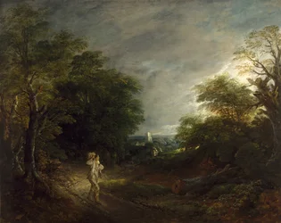 Paesaggio boscoso con un taglialegna
